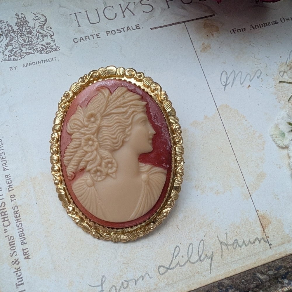 Gold and Red Cameo Brooch